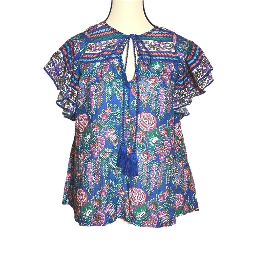 Love The Label Floral Peasant Ruffle Sleeve V-neck Blouse Womens Size Medium